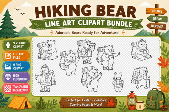 Adventure Awaits with the Hiking Bear Line Art Clipart Bundle
