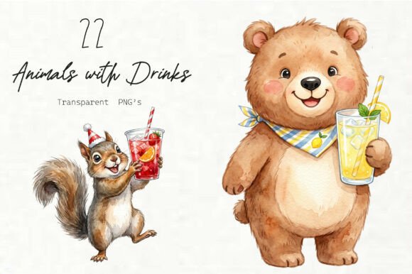Animals with Summer Drinks Clipart