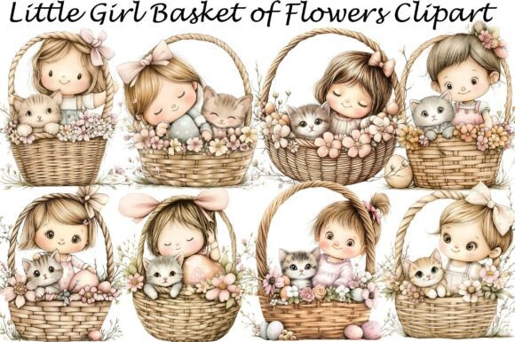 Charming Little Girl Basket of Flowers Clipart for Creative Projects
