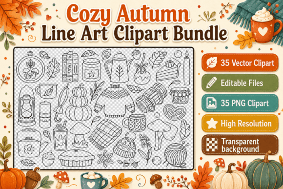 Cozy Autumn Line Art Clipart Bundle: A Versatile Resource for Creative Fall Projects