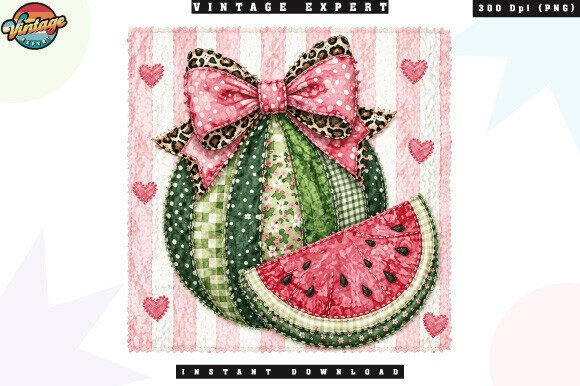 Cute Summer Watermelon Bow Patchwork PNG