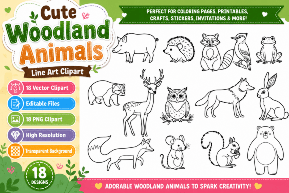 Cute Woodland Animals Line Art Clipart