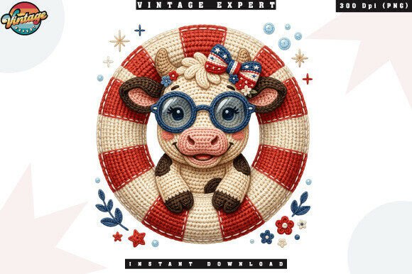 Patriotic Cow with Glasses Crochet PNG