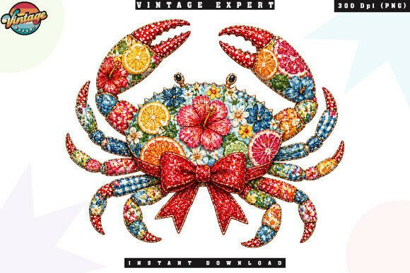 Tropical Crab Floral Bow Patchwork PNG Design