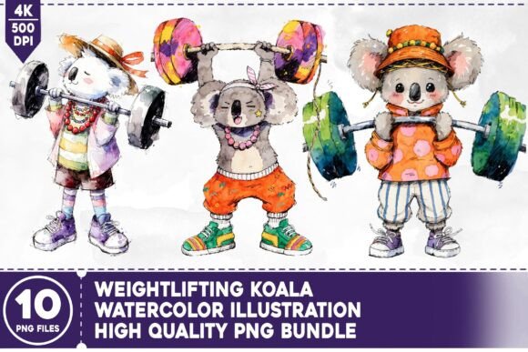 Weightlifting Koala Watercolor Bundle: A Versatile Design Resource for Creative Entrepreneurs