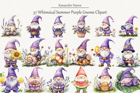 Whimsical Summer Purple Gnome Clipart – Creative Inspiration for Greeting Cards, DIY Crafts, and More